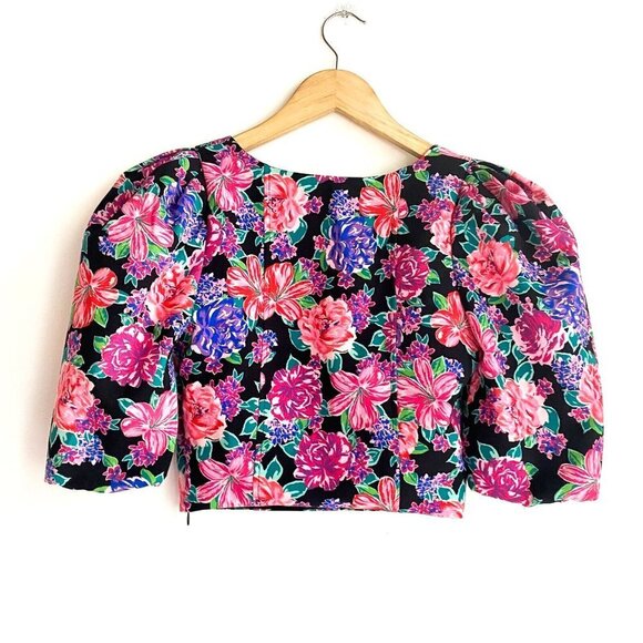 NWT Colourful Floral Pink Blue Puff Sleeve Cropped Top XS - Picture 5 of 5